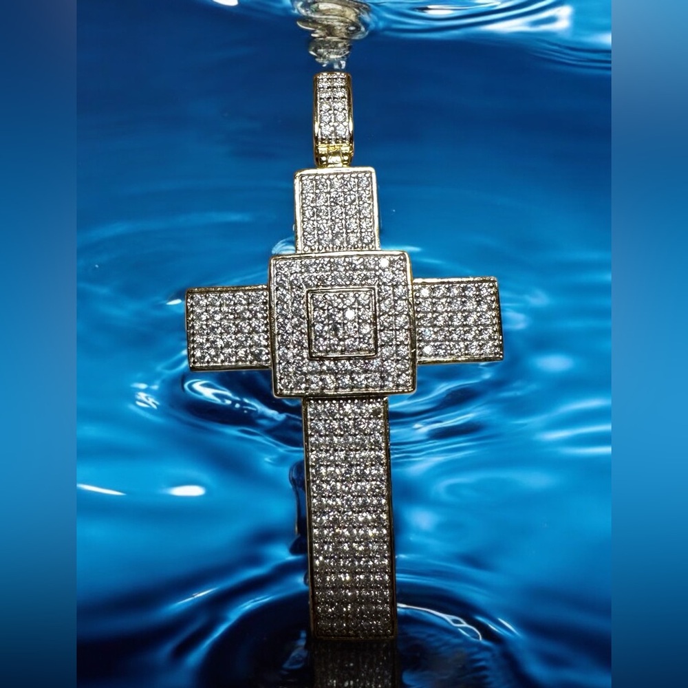 Stunning AAA CZ Diamonds 18K Gold Cross over BS 925 Sterling Silver Signed